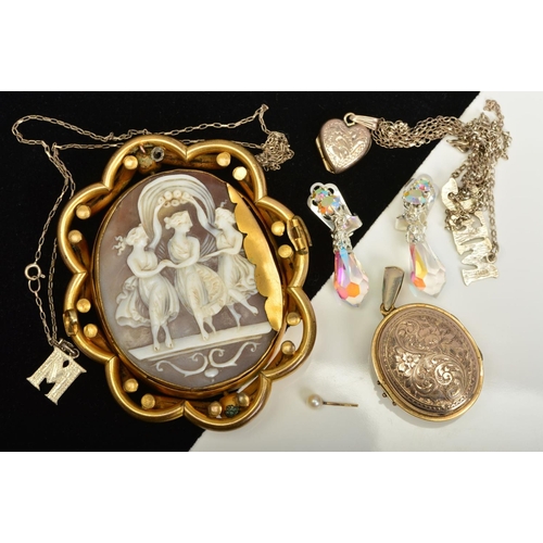 93 - A SELECTION OF JEWELLERY, to include a swivel cameo brooch of oval outline depicting the three grace... 