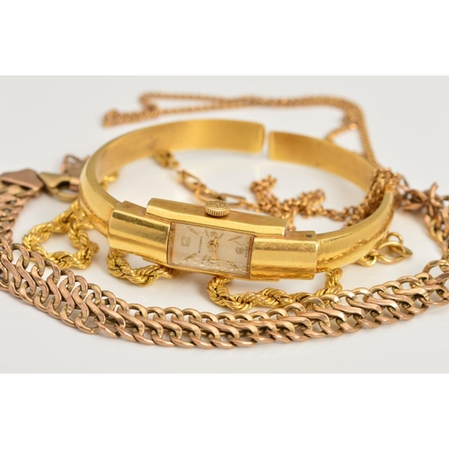 98 - AN 18CT GOLD LADIES WRISTWATCH, A CHAIN AND TWO NECKLACES, the Rodania bangle design wristwatch with... 