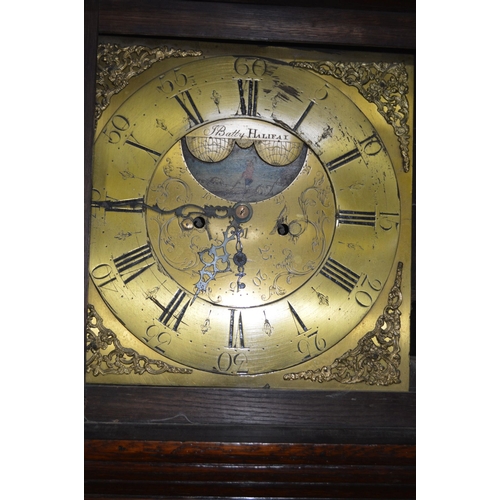 1672 - A GEORGE III OAK LONGCASE CLOCK, the broken swan neck pediment with brass rosette mounted scrolls ce... 