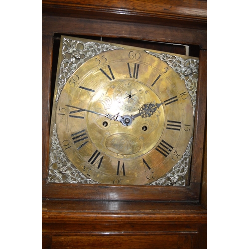 1674 - A GEORGE III OAK LONGCASE CLOCK, moulded cornice on brass capped doric columns flanking the hood doo... 