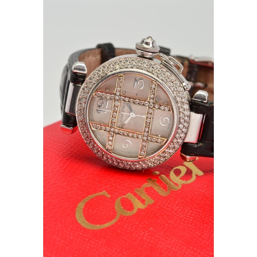 A MODERN 18CT WHITE GOLD PASHA DE CARTIER WRISTWATCH diamond set