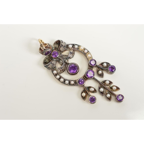 121 - AN AMETHYST, SEED PEARL AND DIAMOND PENDANT, of circular outline set with seed pearls, with bow deta... 