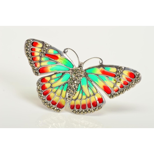 124 - A PLIQUE-A-JOUR AND MARCASITE BUTTERFLY BROOCH, designed as green, yellow and red plique-a-jour wing... 