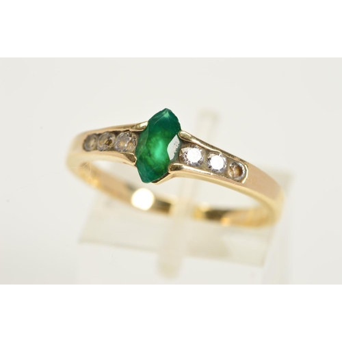 126 - A 9CT GOLD GEM RING, designed as a central marquise shape green gem, assessed as dyed green chalcedo... 