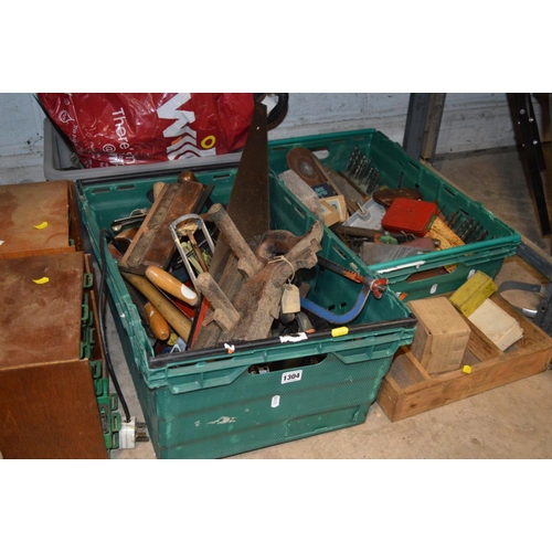 1304 - THREE TRAYS OF VARIOUS MISCELLANEOUS TOOLS, to include drill bits, hand tools, tap and dye, etc