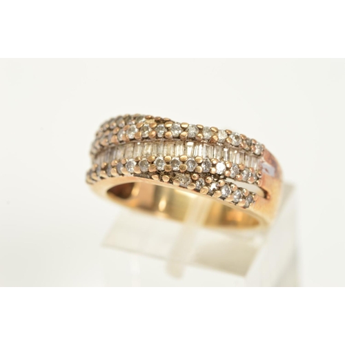 133 - A MODERN 9CT GOLD DIAMOND DRESS RING, comprised baguette and modern round brilliant cut diamonds, es... 