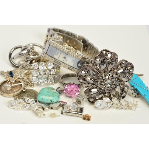 136 - A SELECTION OF SILVER AND WHITE METAL JEWELLERY, to include an Emporio Armani wristwatch with mother... 