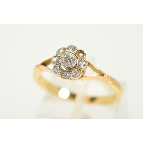 140 - AN EARLY 20TH CENTURY GOLD DIAMOND RING, designed as an old cut diamond cluster within millegrain se... 