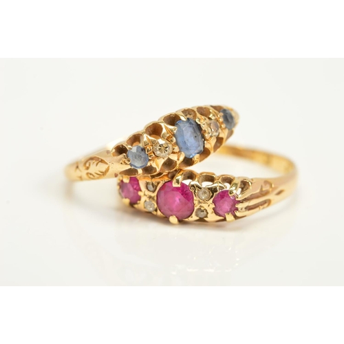 141 - TWO 18CT GOLD GEM SET GYPSY RINGS, the first designed as three graduated circular rubies interspaced... 