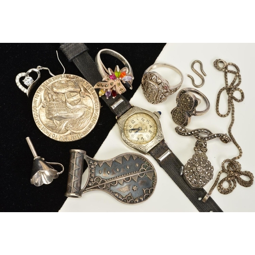 143 - A SELECTION OF SILVER AND WHITE METAL JEWELLERY, to include an early 20th Century wristwatch with bl... 