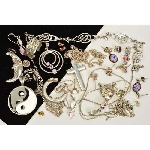 144 - A SELECTION OF SILVER AND WHITE METAL JEWELLERY, to include a bracelet, pendants, earrings etc, most... 
