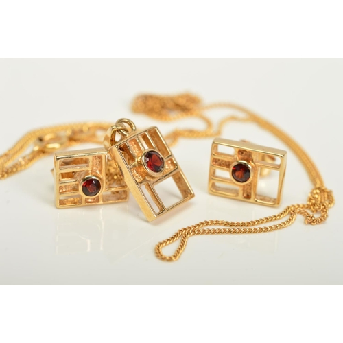 148 - A 9CT GOLD GARNET SET PENDANT AND EARRING SET, the pendant of open rectangular outline with internal... 