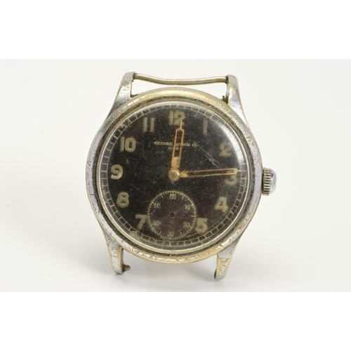 155 - A RECORD WATCH CO 'GENEVE' GERMAN MILITARY WRISTWATCH CASE, black deteriorating dial with a seconds ... 