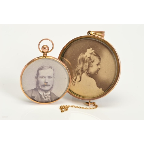 158 - TWO PICTURE PENDANTS, measuring approximately 33mm and 42mm in diameter, the smaller hallmarked 9ct ... 