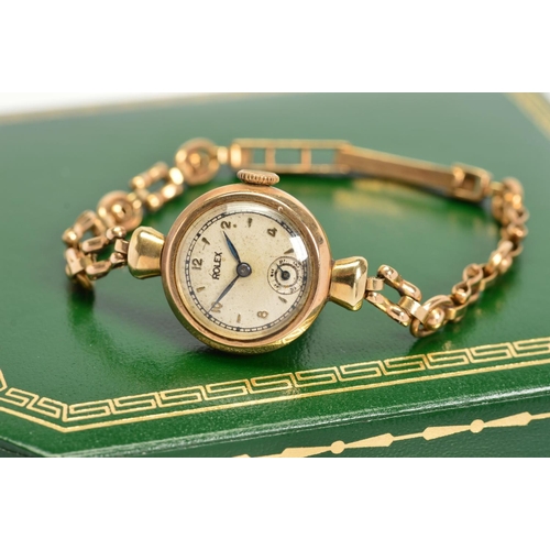 160 - AN EARLY TO MID 20TH CENTURY 9CT GOLD LADIES ROLEX WRISTWATCH, refinished silvered dial signed 'Role... 