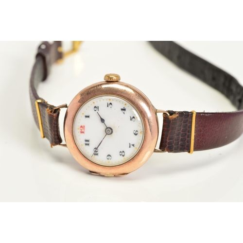 161 - AN EARLY 20TH CENTURY MECHANICAL 9CT GOLD ROLEX WRISTWATCH, Arabic numerals on a white enamel dial d... 