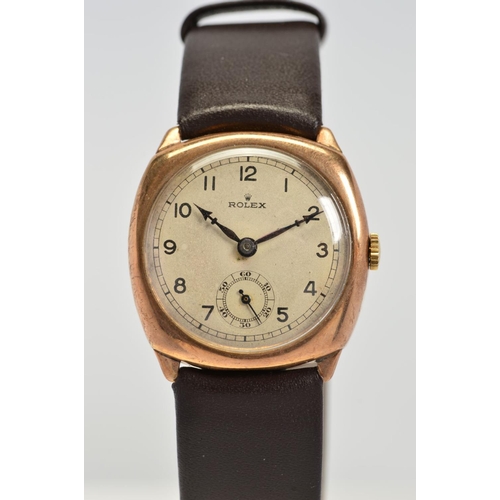 163 - AN EARLY 20TH CENTURY 9CT GOLD MECHANICAL ROLEX WRISTWATCH, Arabic numerals on a silvered dial, 15 j... 