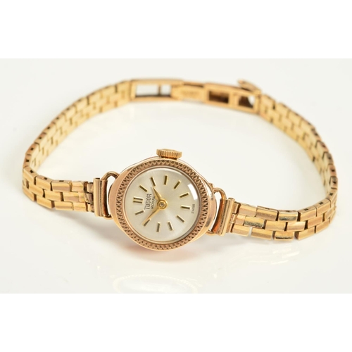 168 - A 1960'S LADIES 9CT TUDOR ROYAL MECHANICAL WRISTWATCH, silvered dial with yellow baton markers, engi... 
