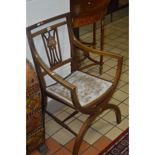 1716 - AN EDWARDIAN MAHOGANY AND INLAID SAVONAROLA ELBOW CHAIR