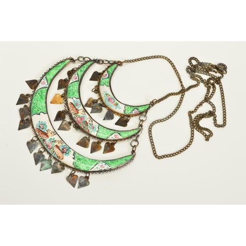 175 - A CONTINENTAL ENAMEL NECKLACE, designed as three graduated crescent shape panels with green and whit... 