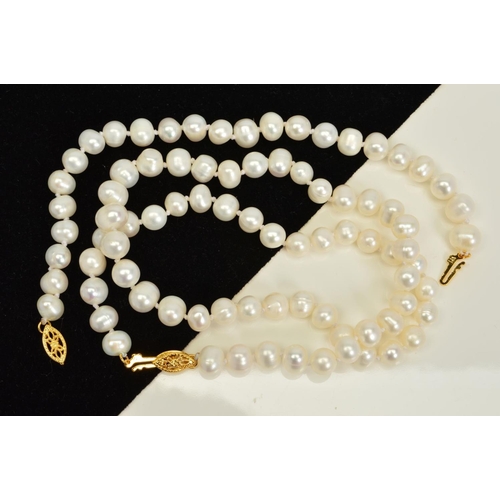 179 - A CULTURED PEARL NECKLACE AND BRACELET, each designed as a single row with marcquise shape clasps, b... 