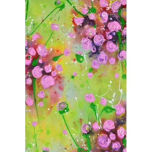 427 - CLARE SYKES (BRITISH 1972) 'PINK BONBONS' bunches of pink flowers, signed bottom right, signed and t... 