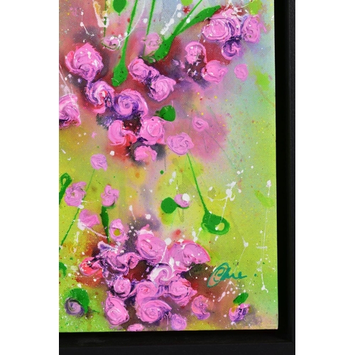 427 - CLARE SYKES (BRITISH 1972) 'PINK BONBONS' bunches of pink flowers, signed bottom right, signed and t... 