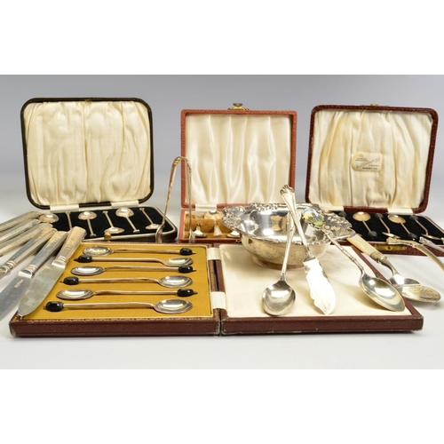 107 - A PARCEL OF CASED SILVER COFFEE SPOONS AND OTHER FLATWARE AND CUTLERY, including two cased sets of b... 