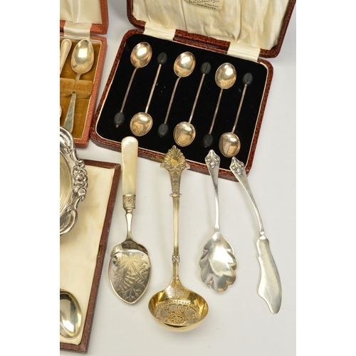 107 - A PARCEL OF CASED SILVER COFFEE SPOONS AND OTHER FLATWARE AND CUTLERY, including two cased sets of b... 