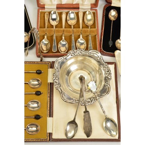 107 - A PARCEL OF CASED SILVER COFFEE SPOONS AND OTHER FLATWARE AND CUTLERY, including two cased sets of b... 