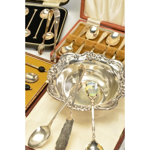 107 - A PARCEL OF CASED SILVER COFFEE SPOONS AND OTHER FLATWARE AND CUTLERY, including two cased sets of b... 