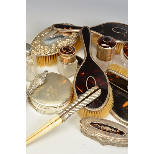 108 - A PARCEL OF DRESSING TABLE SILVER, including a George V part set tortoiseshell mounted, Birmingham 1... 