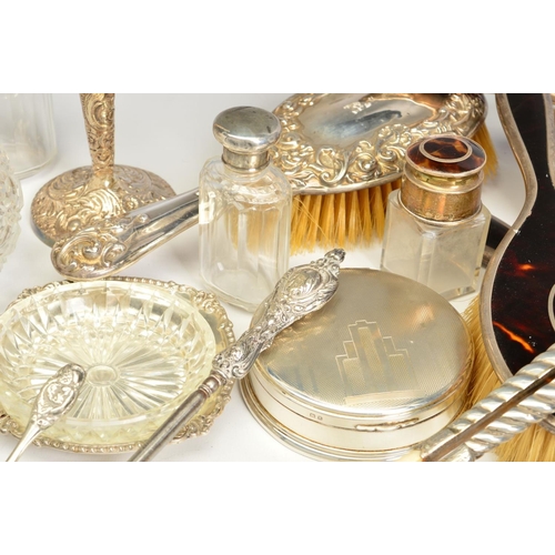 108 - A PARCEL OF DRESSING TABLE SILVER, including a George V part set tortoiseshell mounted, Birmingham 1... 