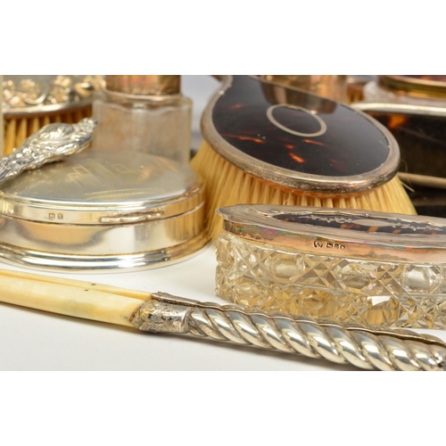 108 - A PARCEL OF DRESSING TABLE SILVER, including a George V part set tortoiseshell mounted, Birmingham 1... 