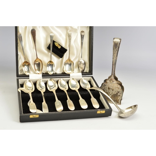 109 - A PARCEL OF GEORGIAN AND LATER FLATWARE, including a set of six Victorian Fiddle pattern teaspoons, ... 