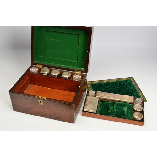 110 - A LATE VICTORIAN WALNUT AND GILT BRASS BOUND DRESSING BOX, of rectangular form, with tooled green le... 