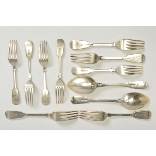 111 - A PARCEL OF SILVER FIDDLE PATTERN FLATWARE, comprising a pair of George III tablespoons, engraved cr... 