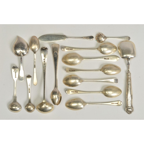 114 - A PARCEL OF SILVER FLATWARE AND CUTLERY, including a George III caddy spoon with leaf shaped bowl, e... 