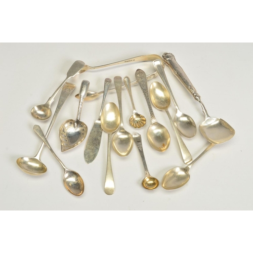 114 - A PARCEL OF SILVER FLATWARE AND CUTLERY, including a George III caddy spoon with leaf shaped bowl, e... 