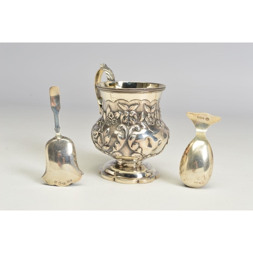 119 - A GEORGE IV SILVER CHRISTENING MUG, of baluster form, repousse decorated with flowers, 'S' scroll ha... 