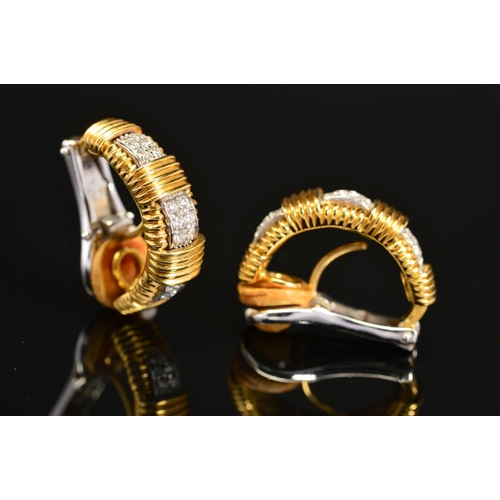 12 - A PAIR OF 18CT GOLD DIAMOND SET HALF HOOP CLIP EARRINGS, the yellow gold half hoops of horizontal ba... 