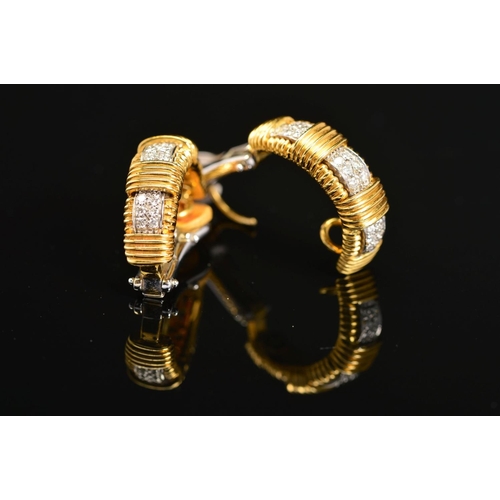 12 - A PAIR OF 18CT GOLD DIAMOND SET HALF HOOP CLIP EARRINGS, the yellow gold half hoops of horizontal ba... 