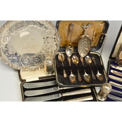 120 - A PARCEL OF SILVER AND WHITE METAL, including a George V silver dish, foliate cast rim, pierced and ... 