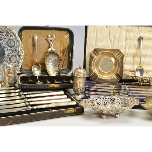 120 - A PARCEL OF SILVER AND WHITE METAL, including a George V silver dish, foliate cast rim, pierced and ... 