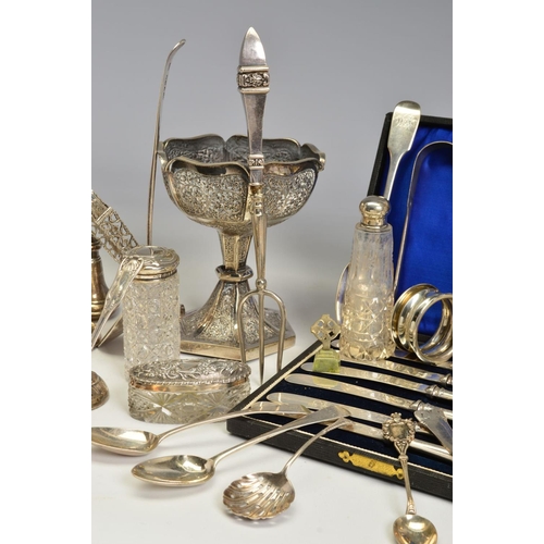 122 - A PARCEL OF SILVER, PLATE AND WHITE METAL, including a pair of George III cast silver sugar tongs, e... 