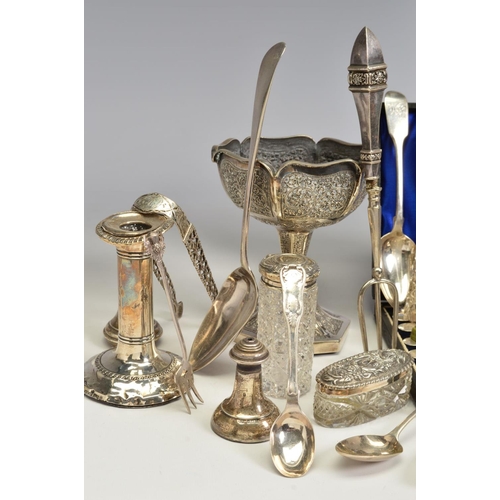 122 - A PARCEL OF SILVER, PLATE AND WHITE METAL, including a pair of George III cast silver sugar tongs, e... 