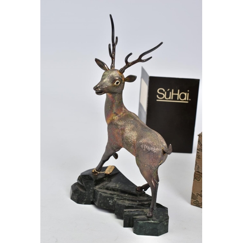 123 - A SUHAI CHINESE LIMITED EDITION SILVER GILT AND ENAMEL FIGURE OF A STAG, mounted on a hardstone base... 