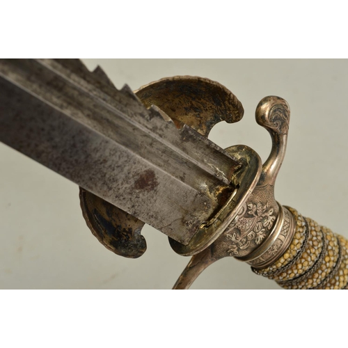 129 - AN 18TH CENTURY BELIEVED CONTINENTAL HUNTING SWORD, possibly French, with no blade markings, double ... 