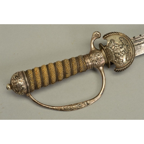 129 - AN 18TH CENTURY BELIEVED CONTINENTAL HUNTING SWORD, possibly French, with no blade markings, double ... 