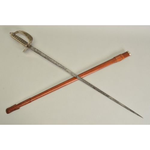 136 - AN 1897 PATTERN ER VII CREST INFANTRY OFFICERS SWORD WITH BROWN LEATHER SCABBARD, blade is proved ma... 